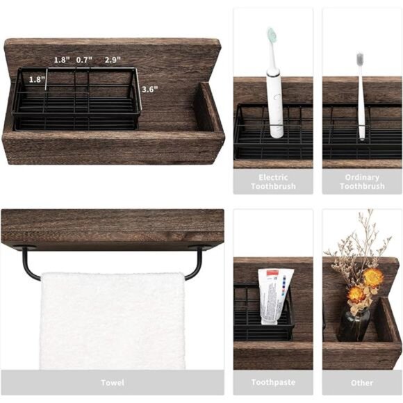 Wall Mounted Toothbrush Holder Wooden Bathroom Organizer Towel Rack Toothpaste - Picture 4 of 8